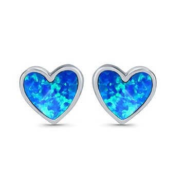 Stud Heart Earrings Lab Created Blue Opal 925 Sterling Silver(8mm)